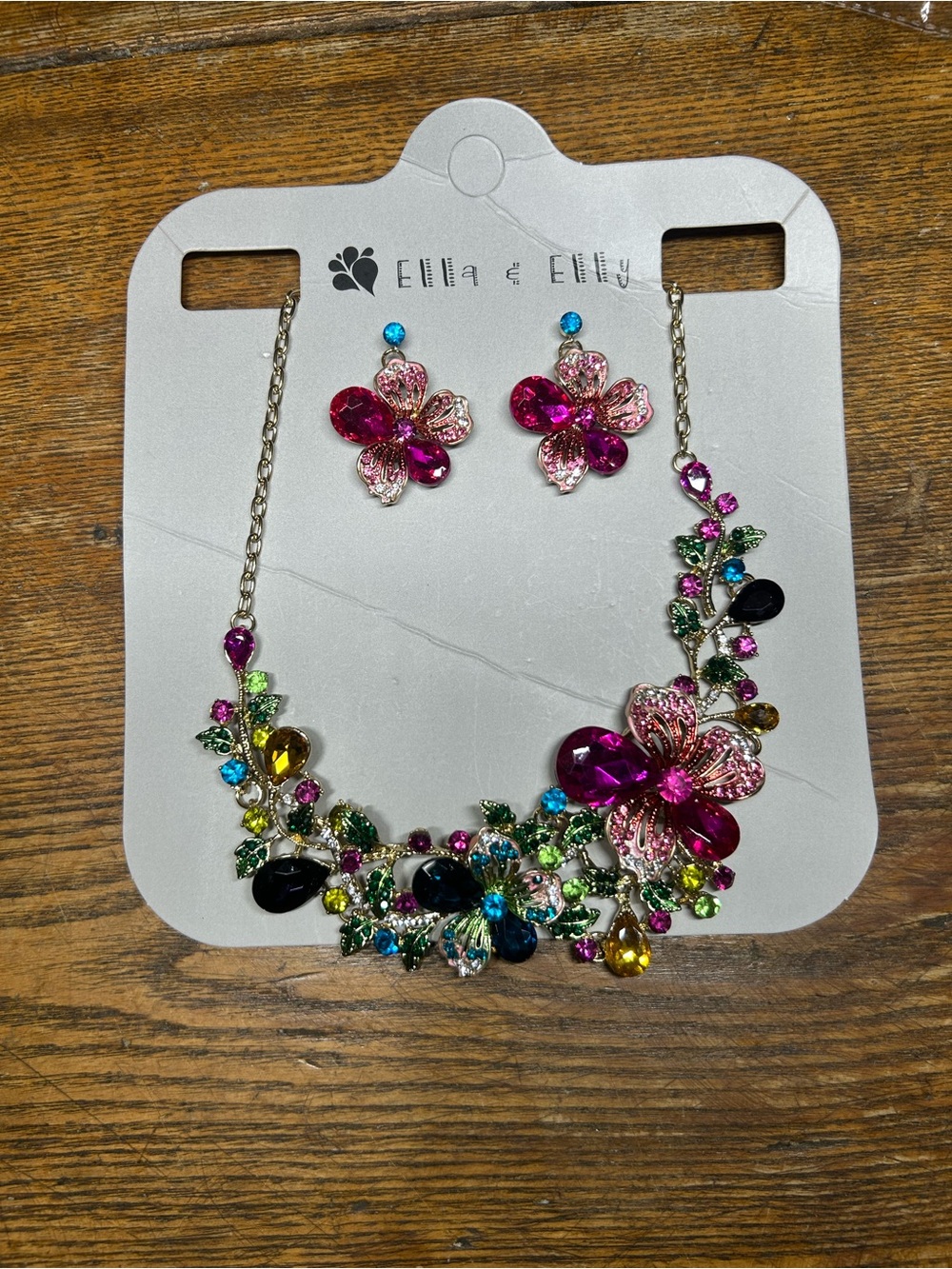 Ella & Elly Multicolor Floral Crystal Necklace and Earrings Set - Pink Accents
